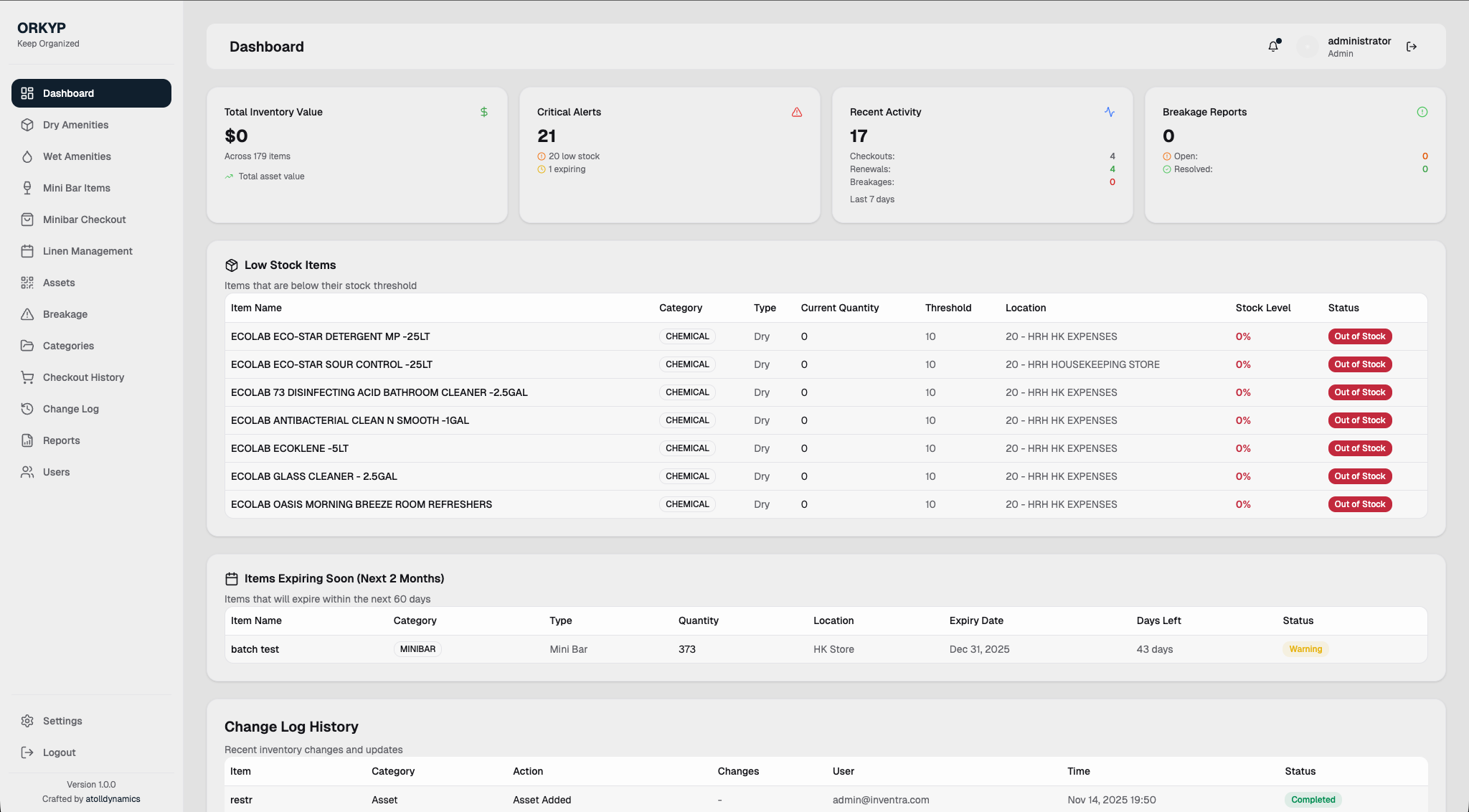 Housekeeping inventory management system